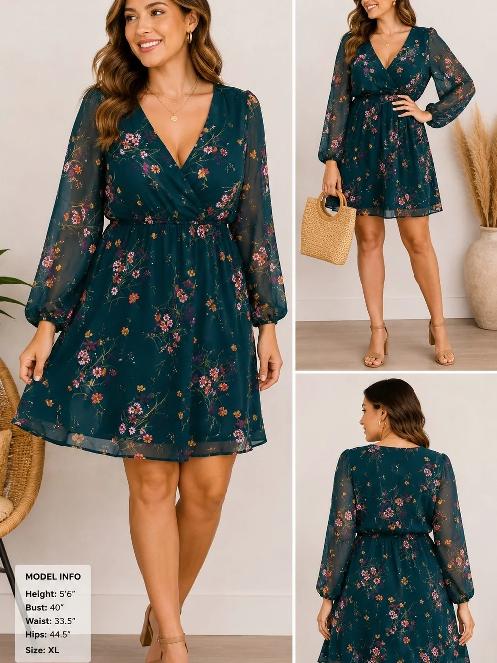 Cupshe Teal Floral Long-Sleeve Wrap Dress - Picture 2 of 7